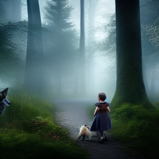 Anne, clutching the bundle of food tightly to her chest, walks alongside the gentle wolf, their bond of forgiveness and redemption guiding them through the enchanted forest towards her grandmother's house.